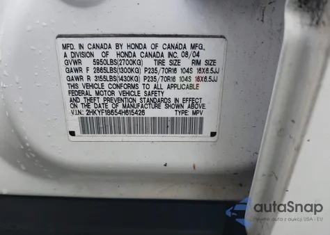 2004 Honda Pilot Ex-L из США, поврежденный, VIN 2HKYF18654H615426